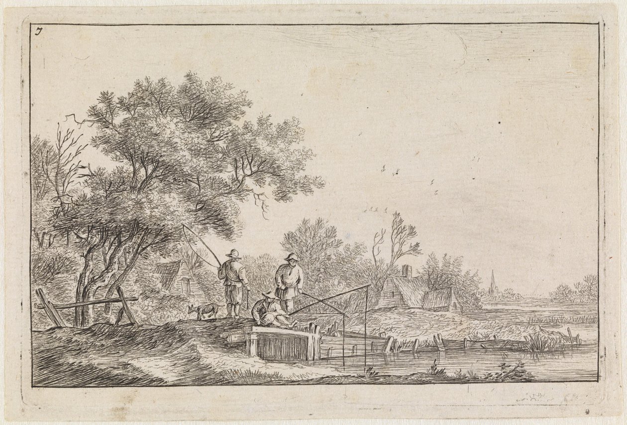 Tres pescadores en el puentecillo (n.º 7 de una serie de 12 estampas) de Anthonie Waterloo