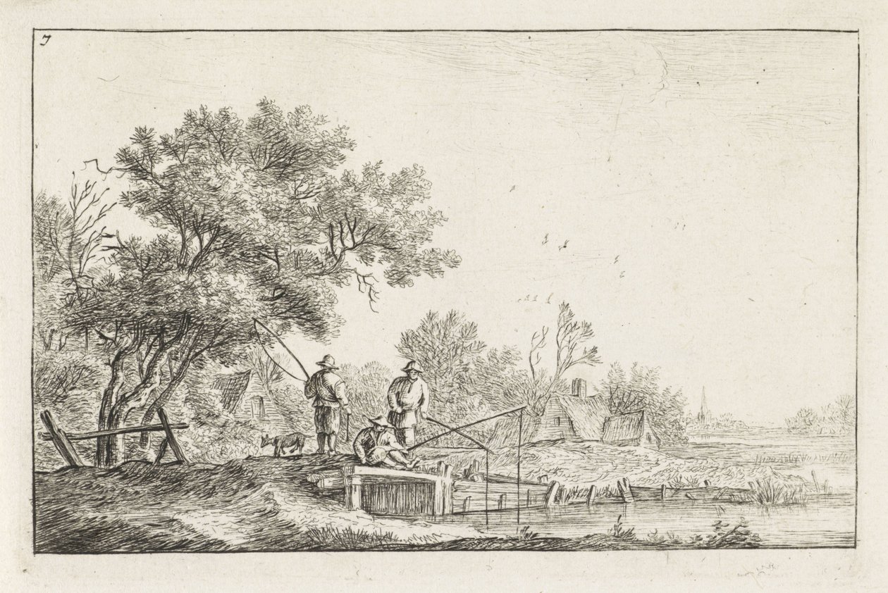 Tres pescadores en un puente Paisajes con edificios (título de la serie) de Anthonie Waterloo