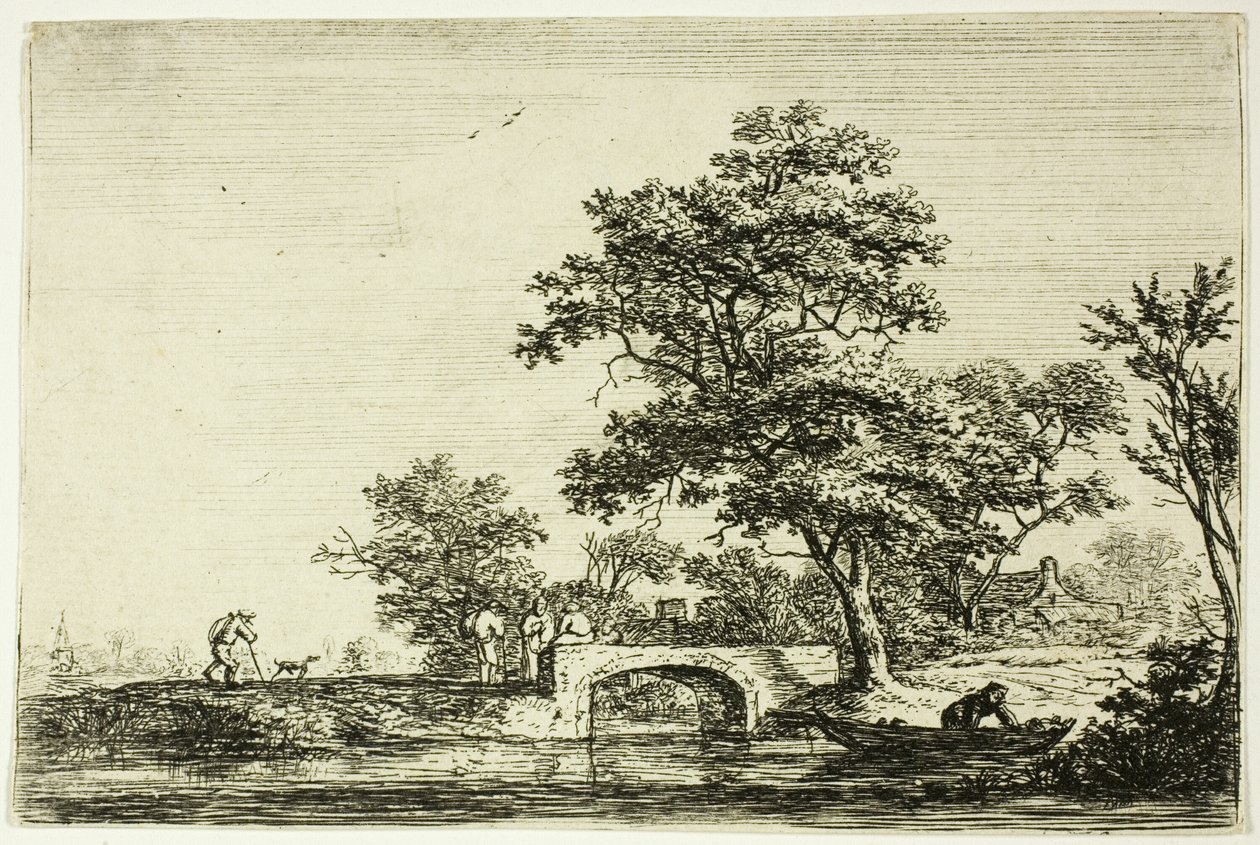 Cuatro hombres en un puente de piedra de Anthonie Waterloo