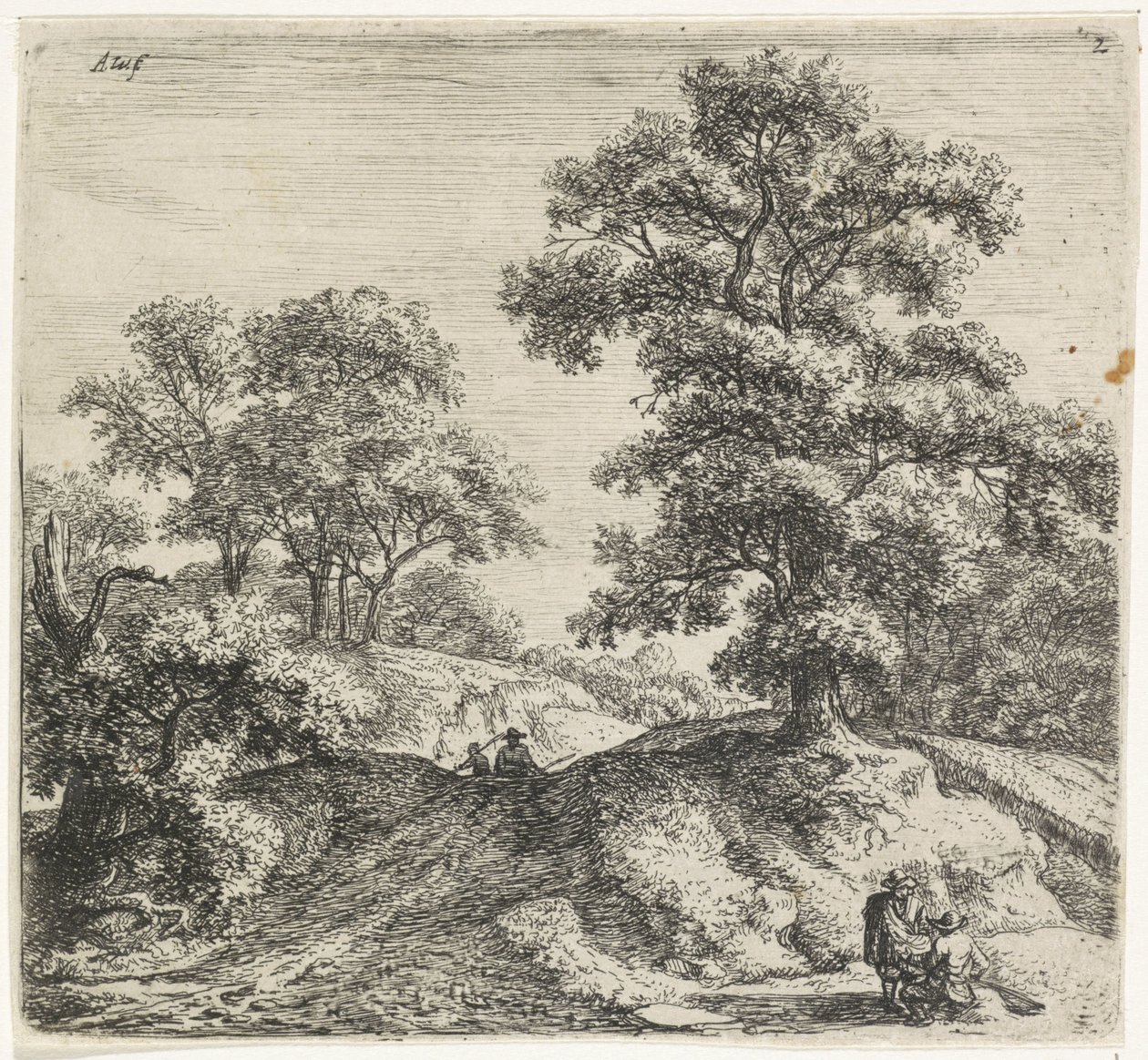 Roble grande al lado de un camino Vistas al bosque, serie B (título de la serie) de Anthonie Waterloo