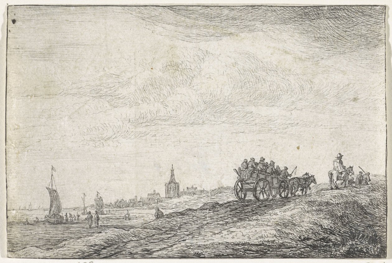 Costa de carruajes tirados por caballos Paisajes con edificios (título de la serie) de Anthonie Waterloo