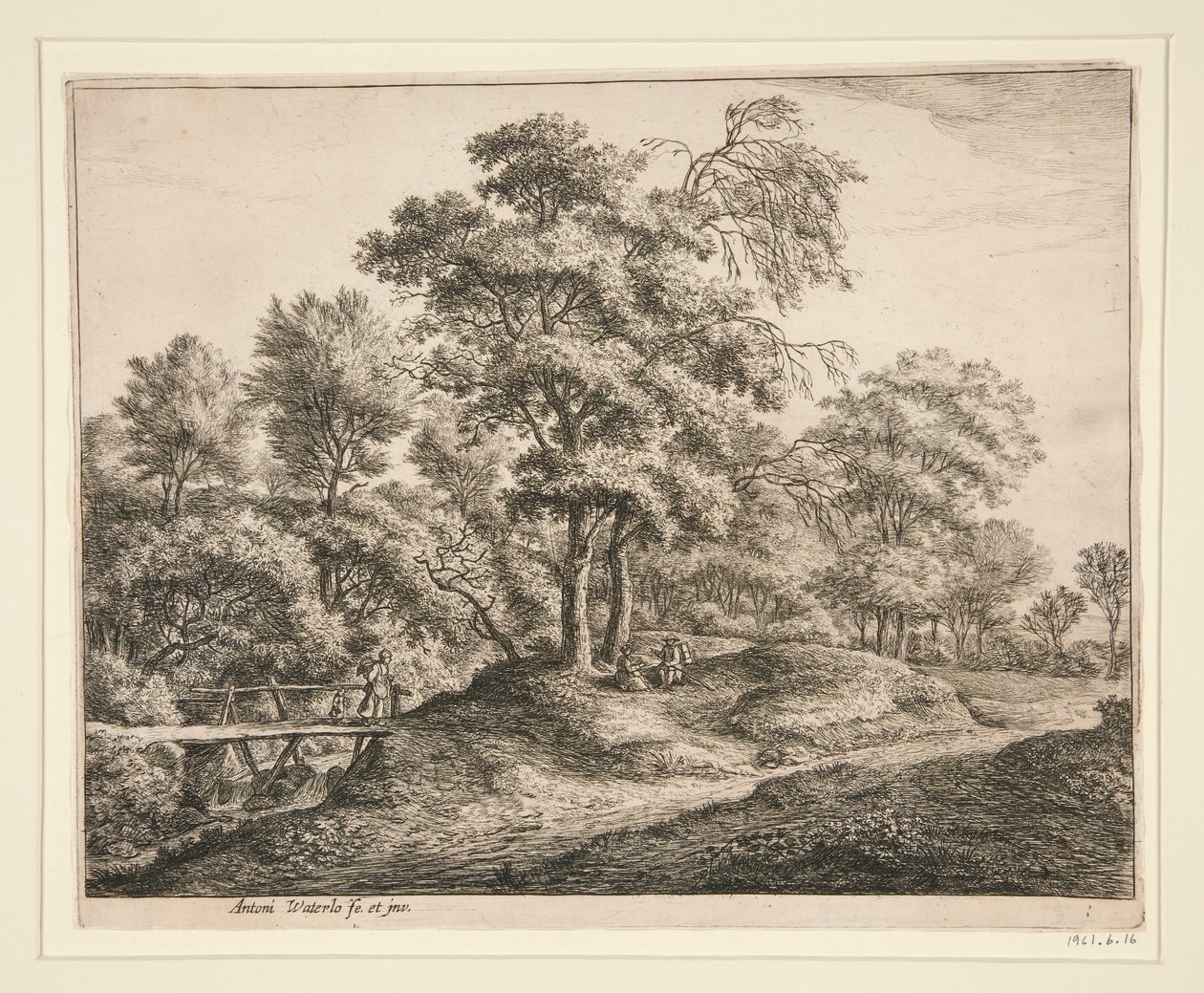 La campesina y la niña en el puentecito de madera de Anthonie Waterloo