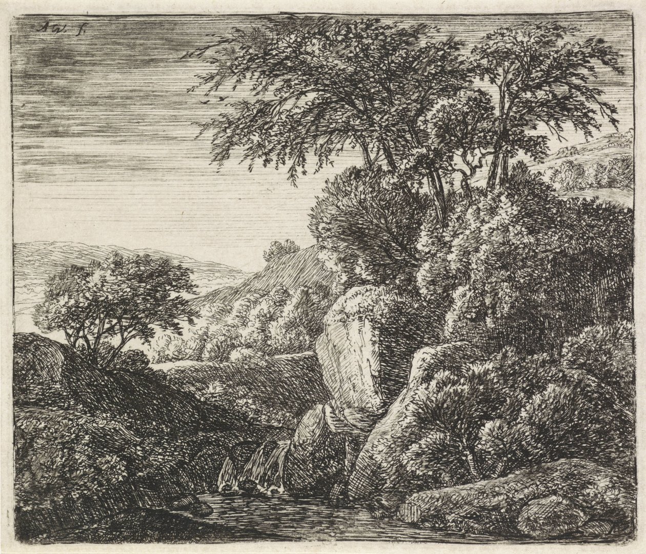 Paisaje con una pequeña cascada Paisajes rocosos (título de la serie) de Anthonie Waterloo