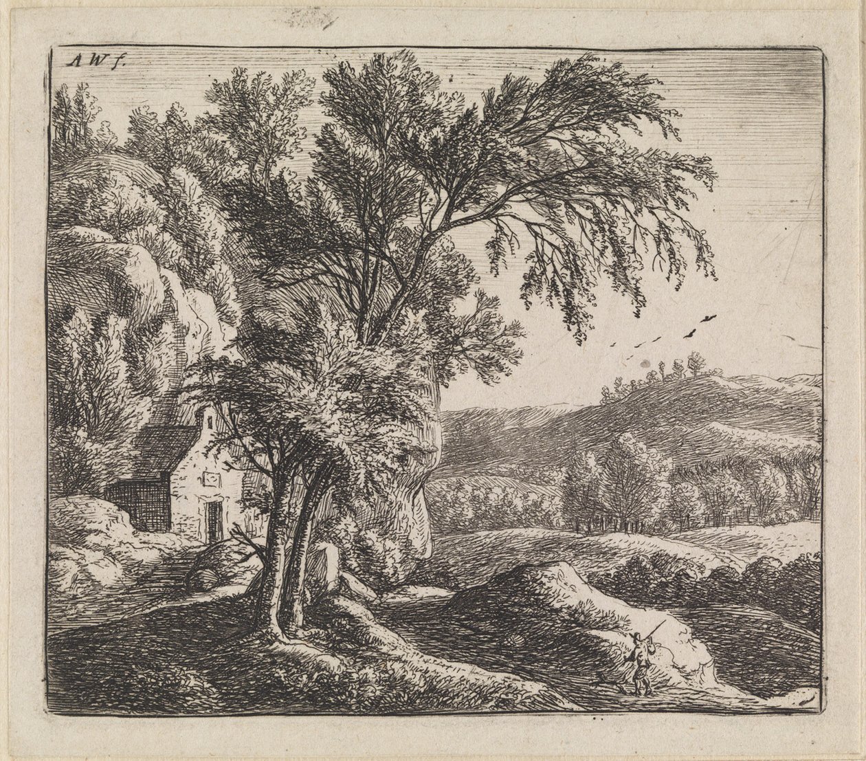 Paisaje con una casa junto a una pared rocosa de Anthonie Waterloo