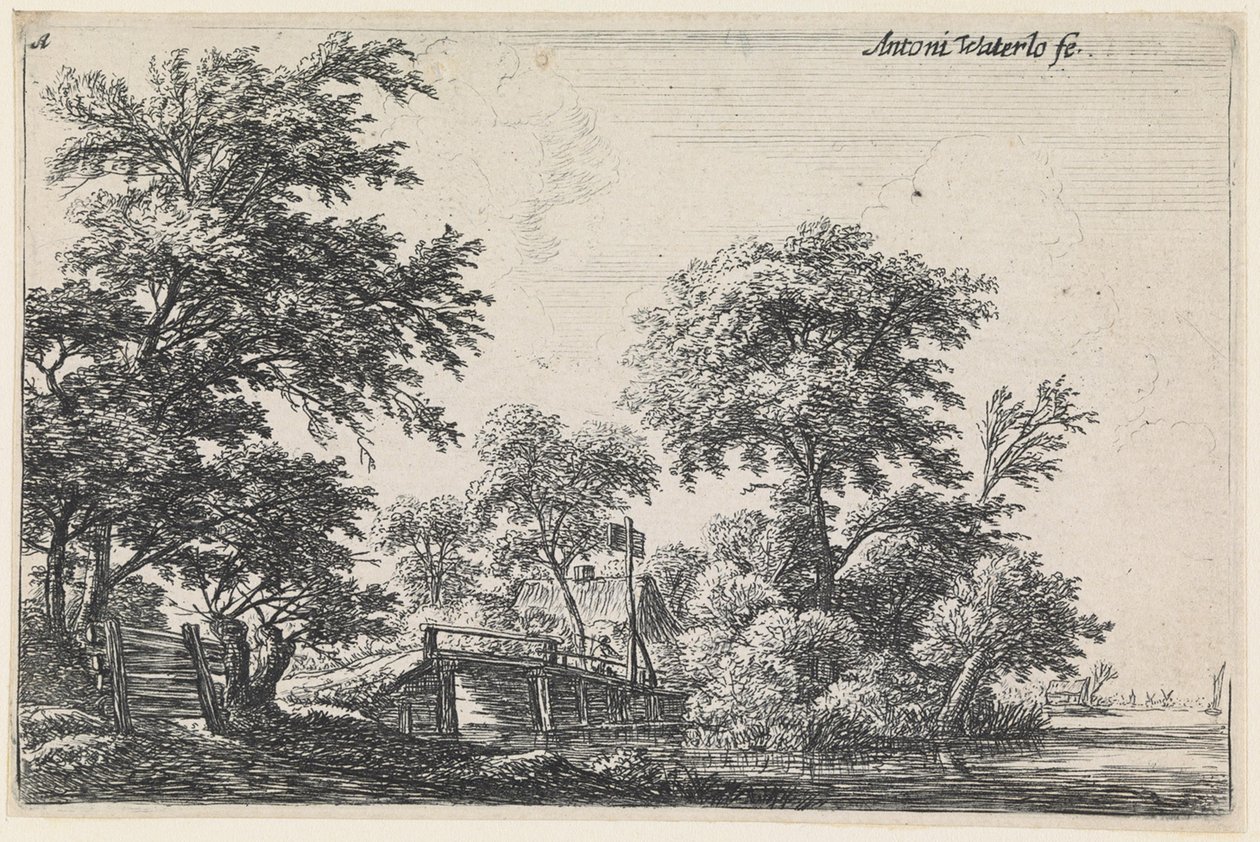 Paisaje con una cerca de madera en la parte inferior izquierda (n.º 1 de una serie de 12 estampas) de Anthonie Waterloo