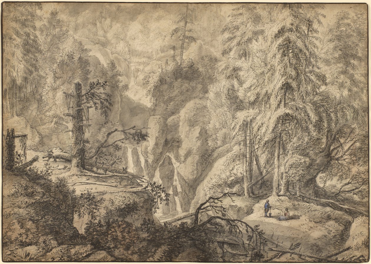 Paisaje montañoso, campesinos en un claro cerca de una cascada (recto); boceto de paisaje (verso) de Anthonie Waterloo