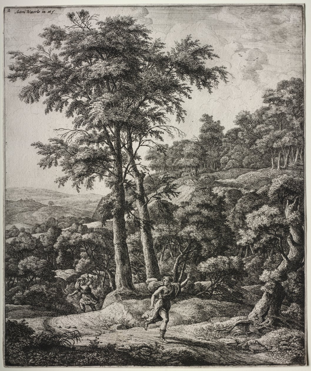 Seis grandes paisajes verticales con escenas de las Metamorfosis de Ovidio: Apolo y Dafne de Anthonie Waterloo