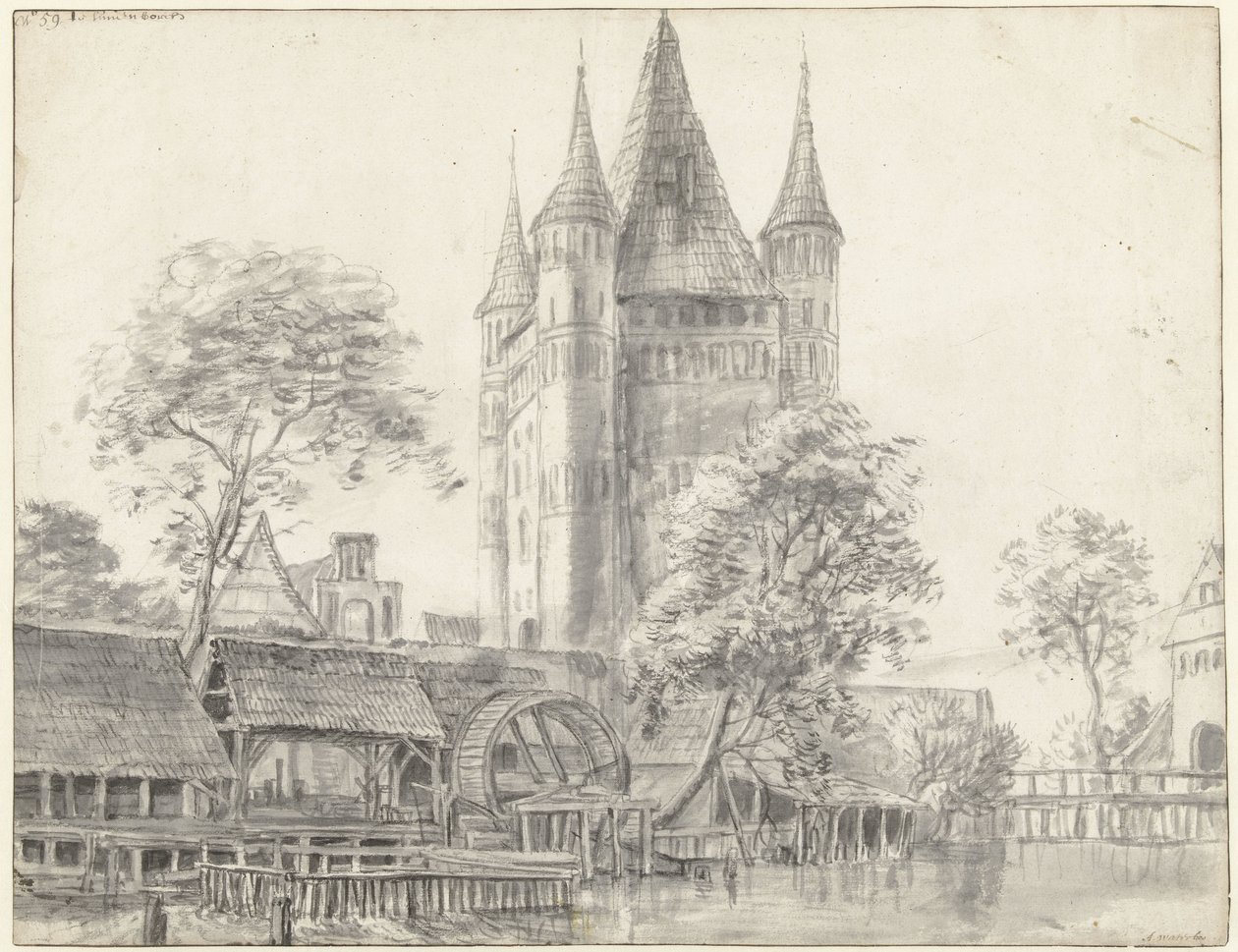 La puerta de la ciudad Altenbrücker Tor y el molino de agua de Lüneburg, cerca de Hamburgo de Anthonie Waterloo
