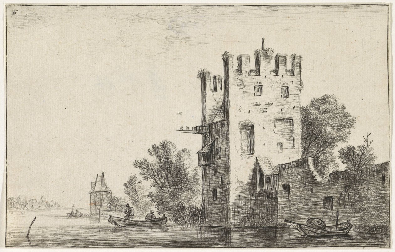 Torre cuadrada sobre el agua Paisajes con edificios (título de la serie) de Anthonie Waterloo