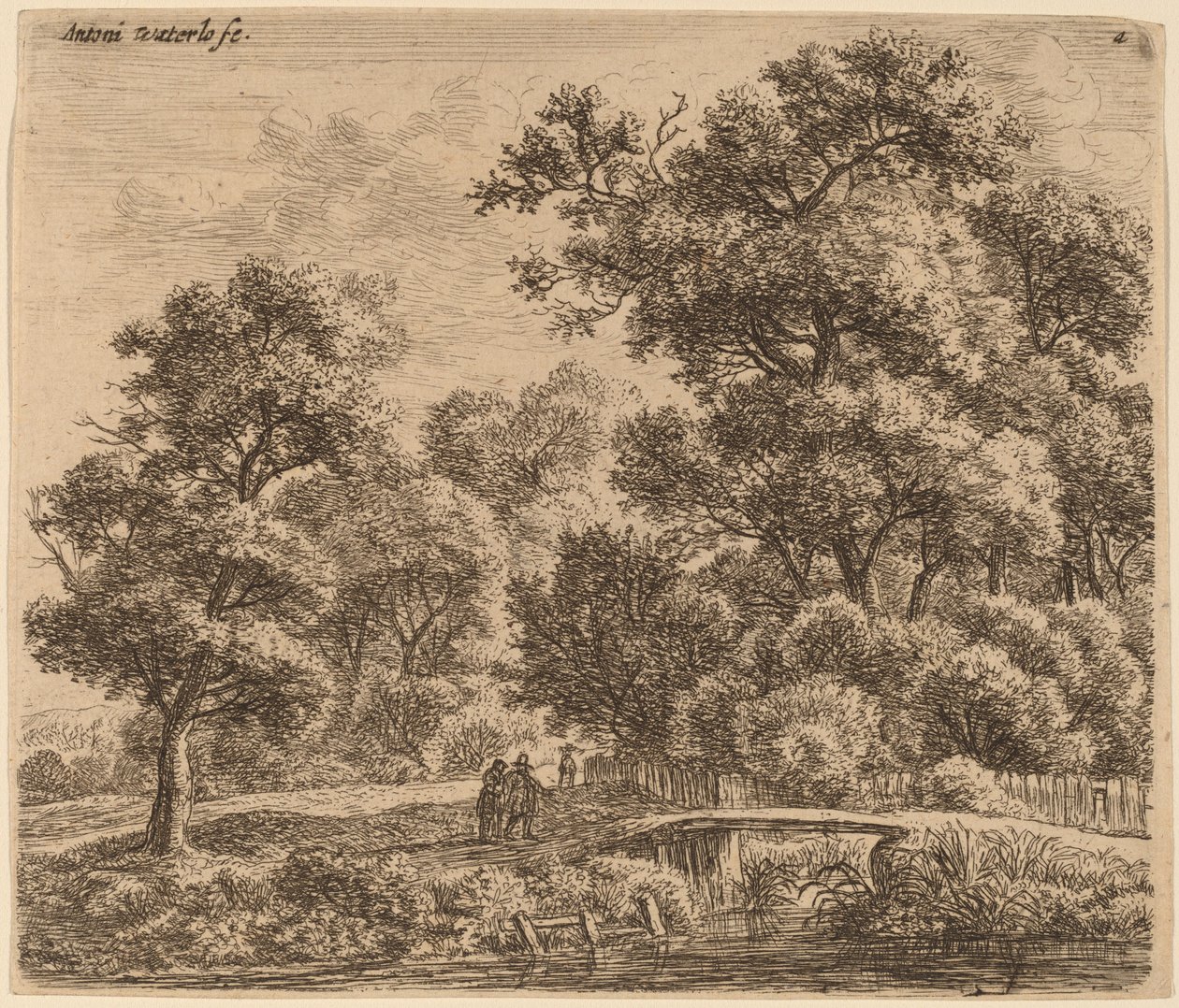 Paisaje boscoso con un puente de Anthonie Waterloo