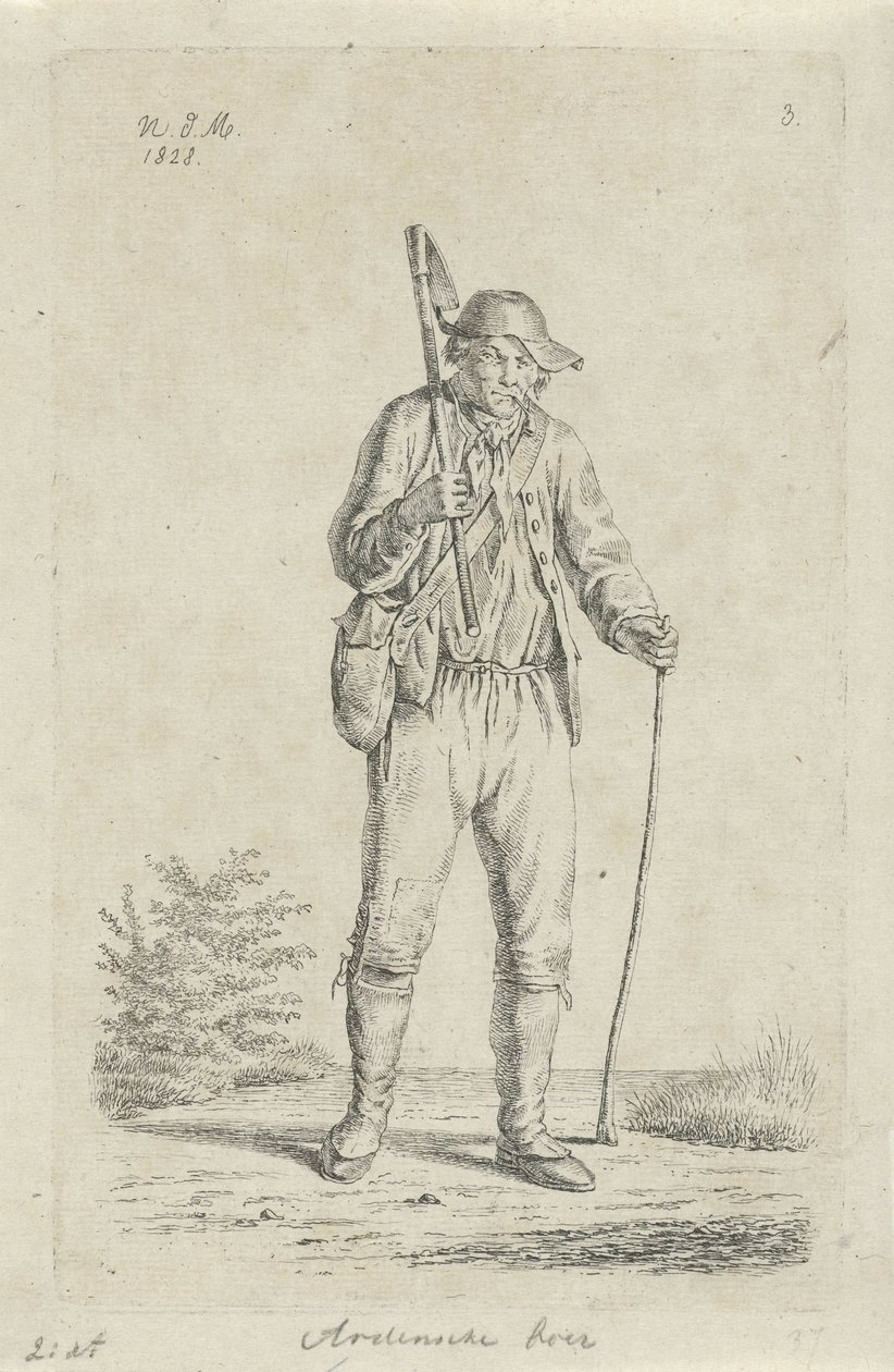 Granjero de las Ardenas con azada Agricultor de las Ardenas (título sobre el objeto) Agricultoras y agricultoras del Reino Unido de los Países Bajos (título de la serie) de Anthonie Willem Hendrik Nolthenius de Man