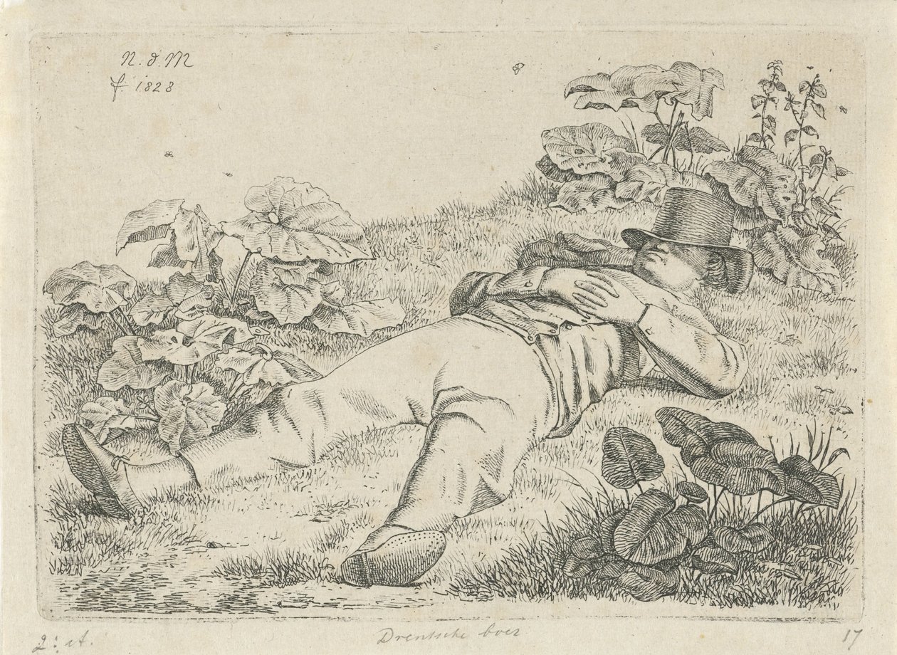 Hombre acostado en la hierba Granjero de Drentsche (título sobre el objeto) de Anthonie Willem Hendrik Nolthenius de Man