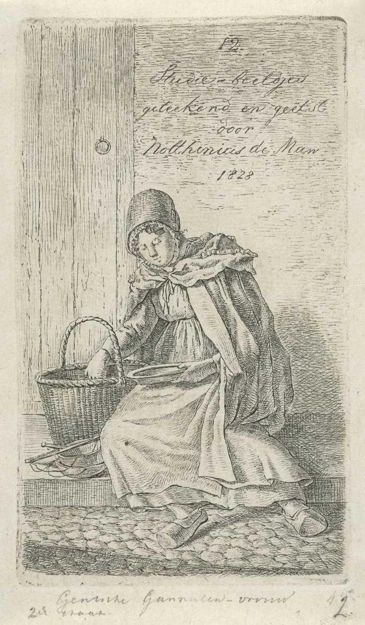 Mujer sentada con cesta y plato Gentsche Shrimp woman (título sobre objeto) 12 figuras de estudio (título de la serie) de Anthonie Willem Hendrik Nolthenius de Man