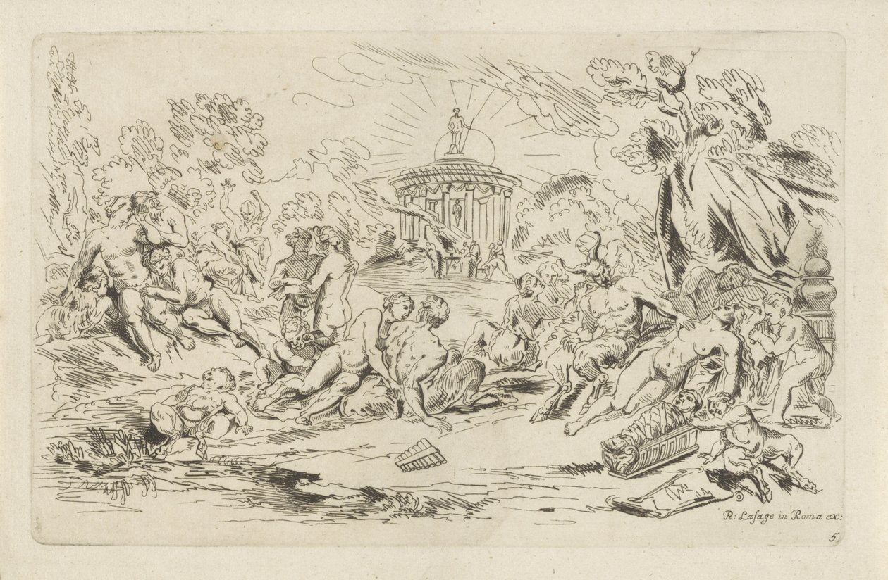 Ninfas y sátiros frente a un templo de Baco Bacanales (título de la serie) de Anthonie de Winter