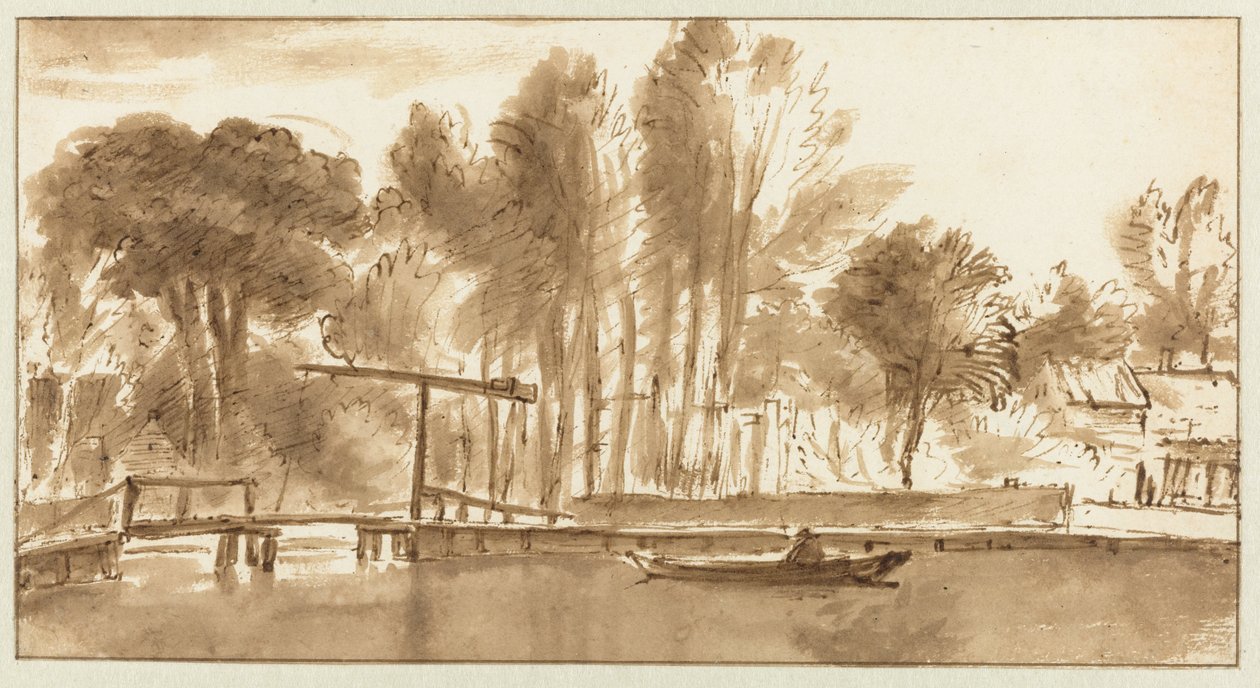 Paisaje fluvial arbolado con puente levadizo de Anthonie van Borssom (attributed to)