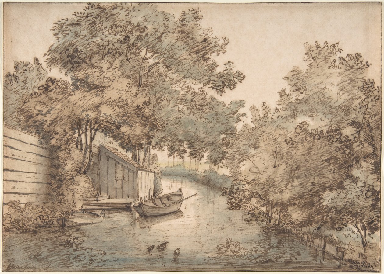 Canal con una barca y patos de Anthonie van Borssom