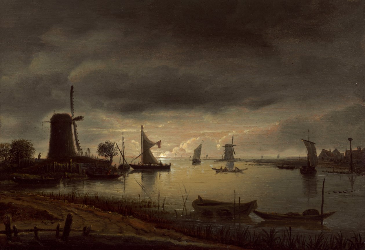 Escena del río con molino de viento y barcos, atardecer, c. 1645 de Anthonie van Borssom