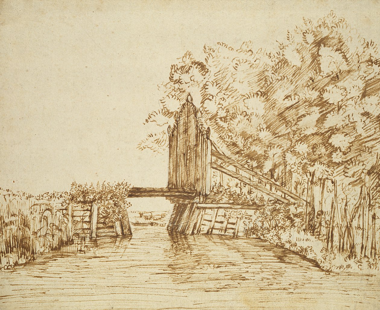 Pequeño puente sobre el agua y la puerta a la finca de Anthonie van Borssom