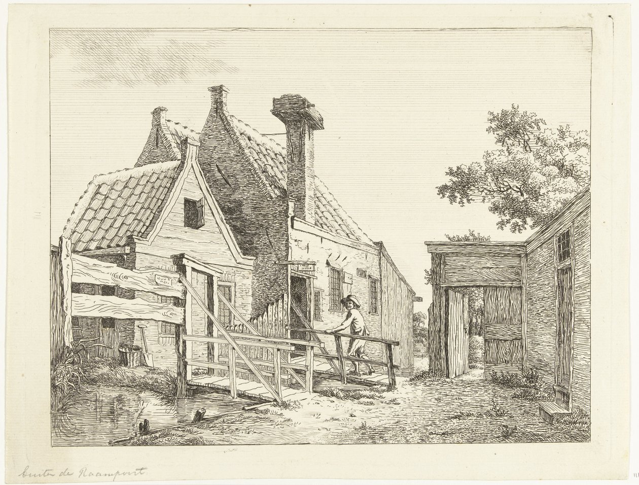 El muchacho camina sobre el puente de madera Fuera de la puerta de la ventana (título sobre el objeto) de Anthonie van den Bos