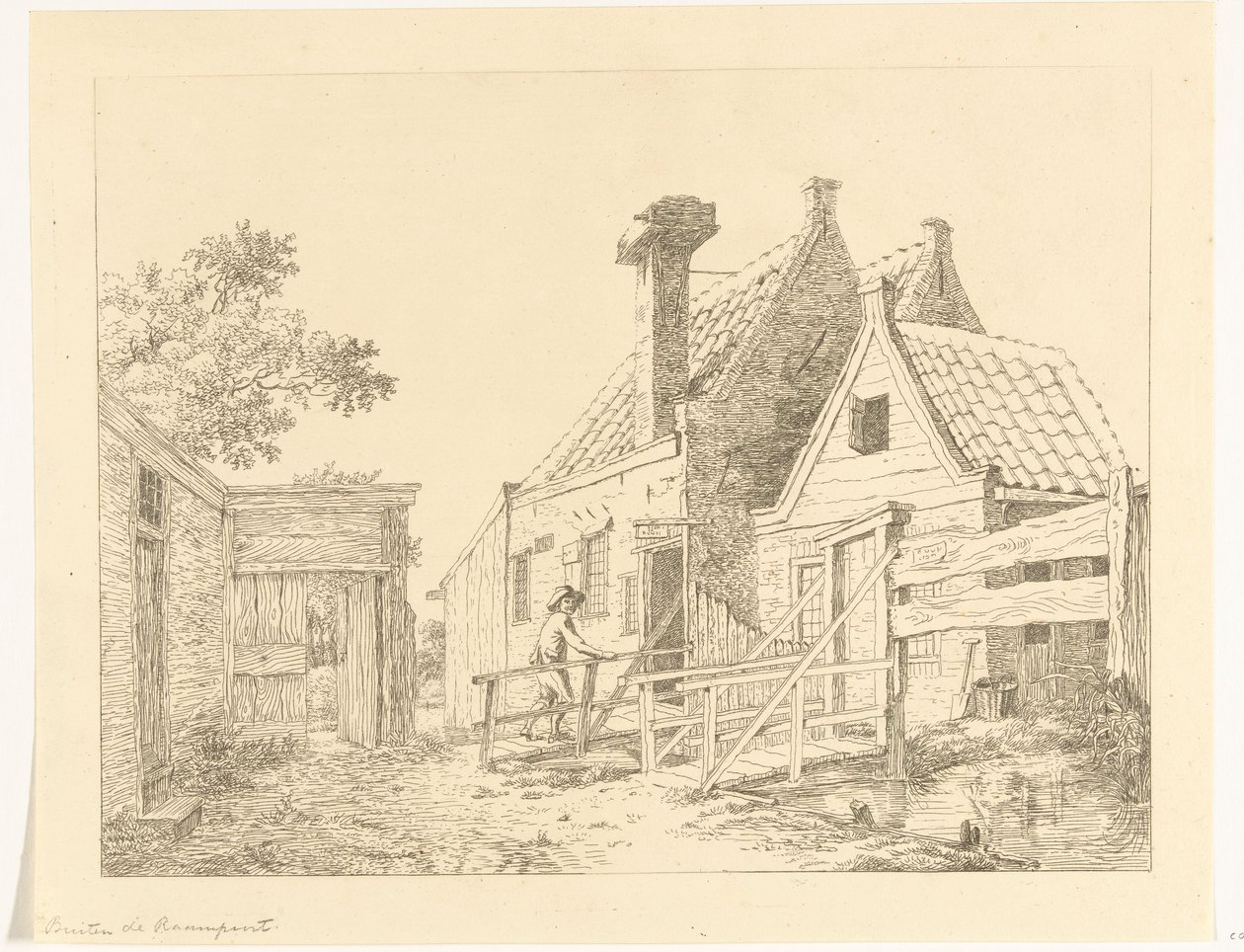 El muchacho camina sobre el puente de madera Fuera de la puerta de la ventana (título sobre el objeto) de Anthonie van den Bos