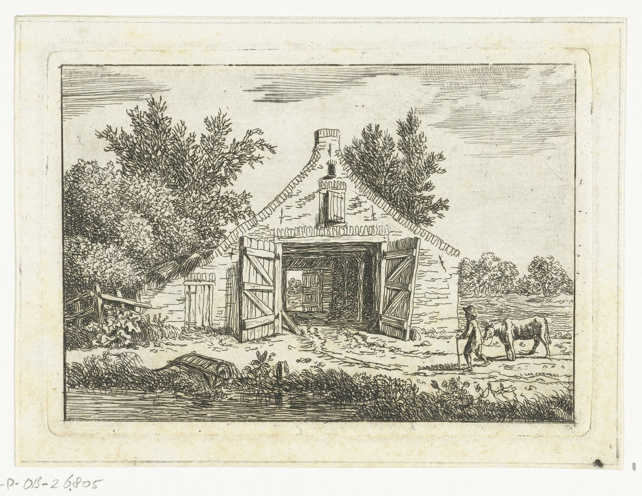 Hombre con vaca frente a un granero en las afueras de Hattem de Anthonie van den Bos