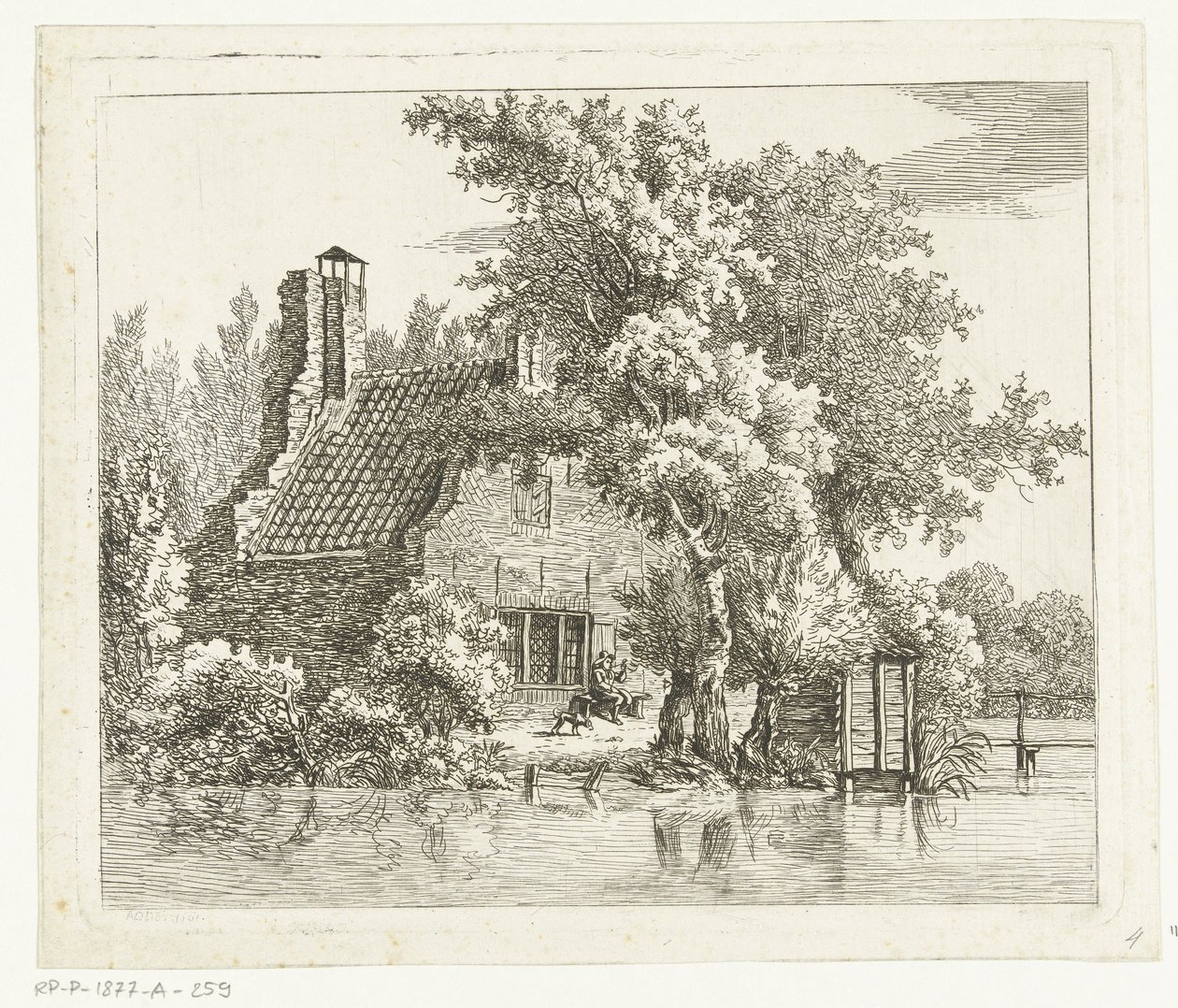 Hombre fumador en un banco frente a las ruinas de la Casa Snaatburg en Maarssen de Anthonie van den Bos