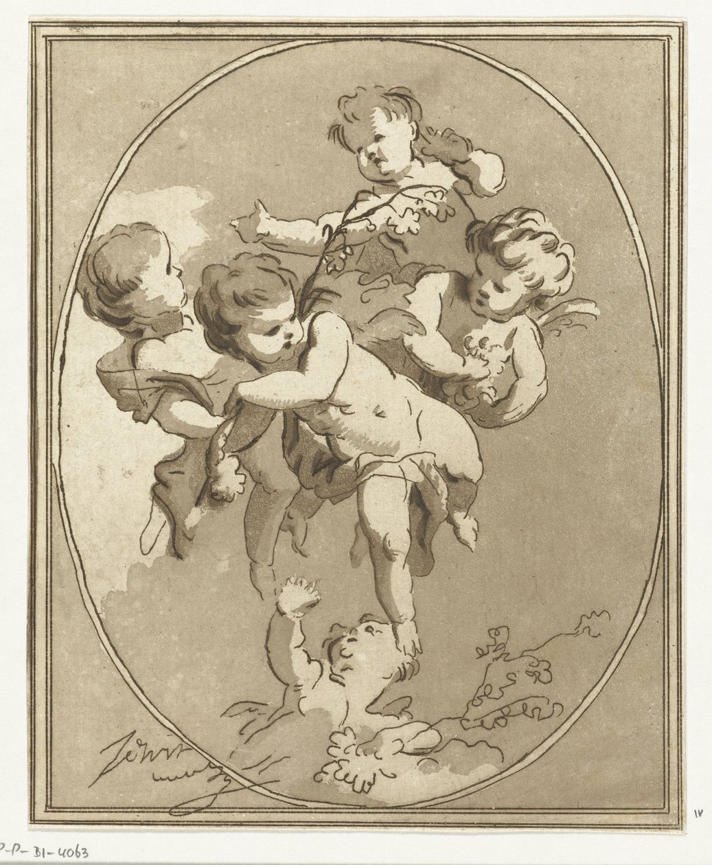 Cinco putti con sprays de flores de Anthonie van den Bos