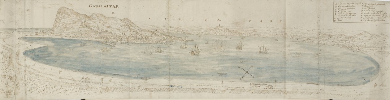 Vista panorámica sobre la bahía de Gibraltar mirando hacia la ciudad y la costa africana más allá de Anthonis van den Wyngaerde