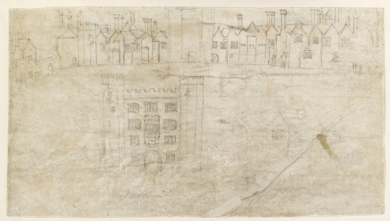 Recto: Edificios a lo largo del frente sur del Palacio de Oatlands de Anthonis van den Wyngaerde