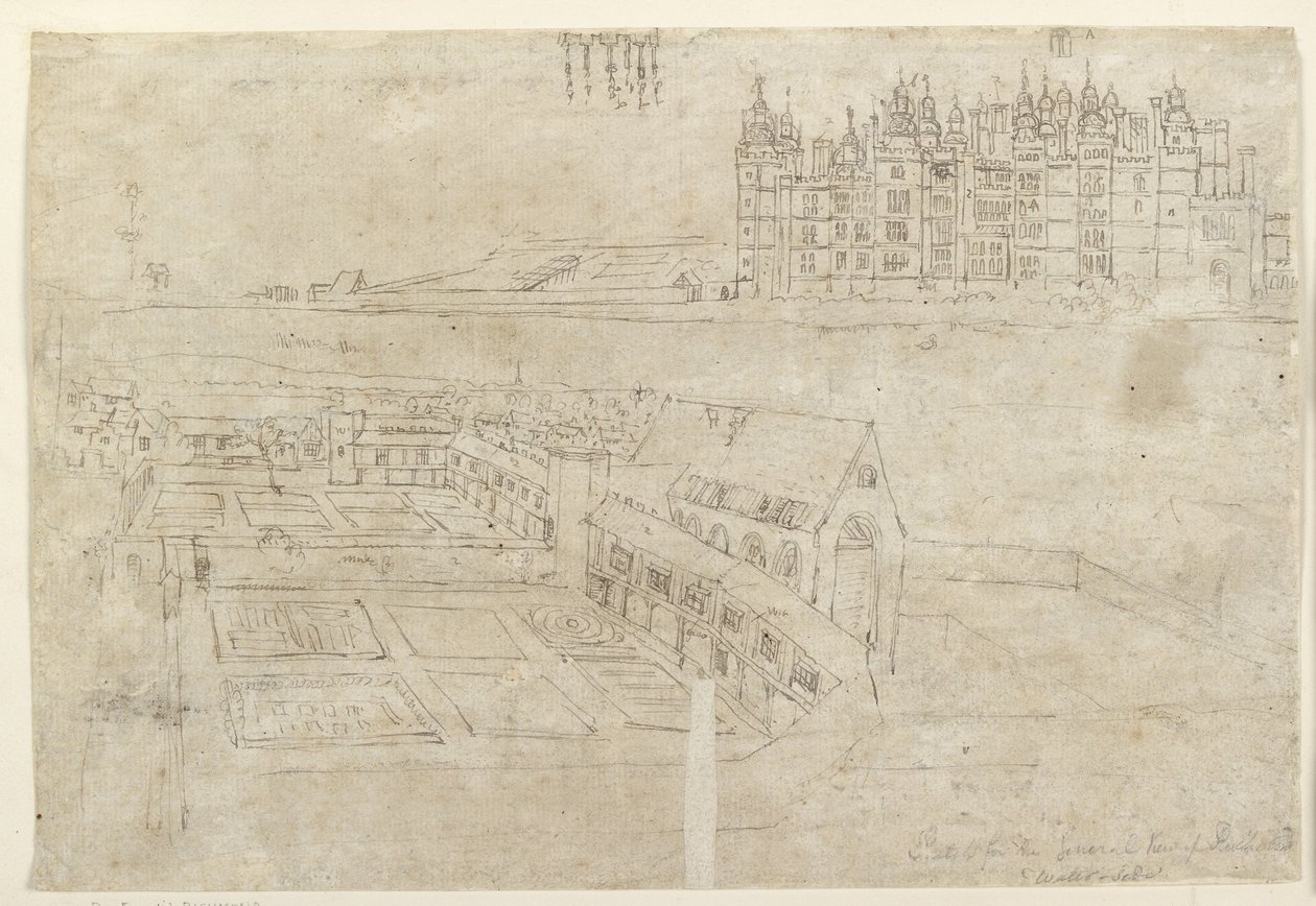 La fachada del río del Palacio de Richmond y los Jardines Privados de Anthonis van den Wyngaerde