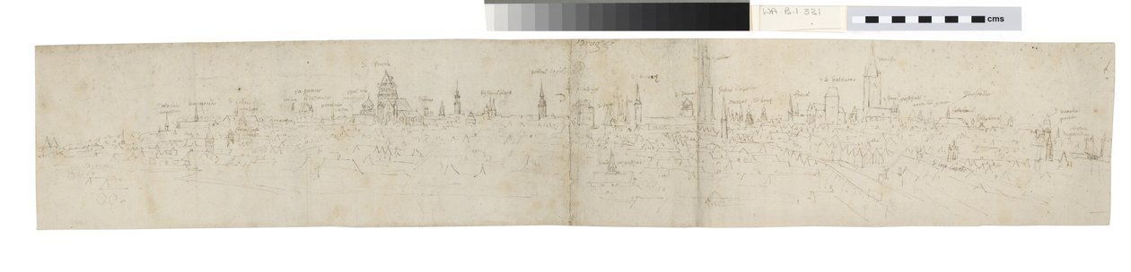 Estudio para la parte izquierda de una vista de Brujas desde el suroeste (pluma y tinta marrón sobre trazos de tiza negra) de Anthonis van den Wyngaerde