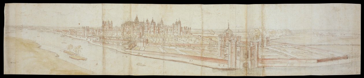 Vista del Palacio de Hampton Court desde el sur, con el río en primer plano, 1558 de Anthonis van den Wyngaerde
