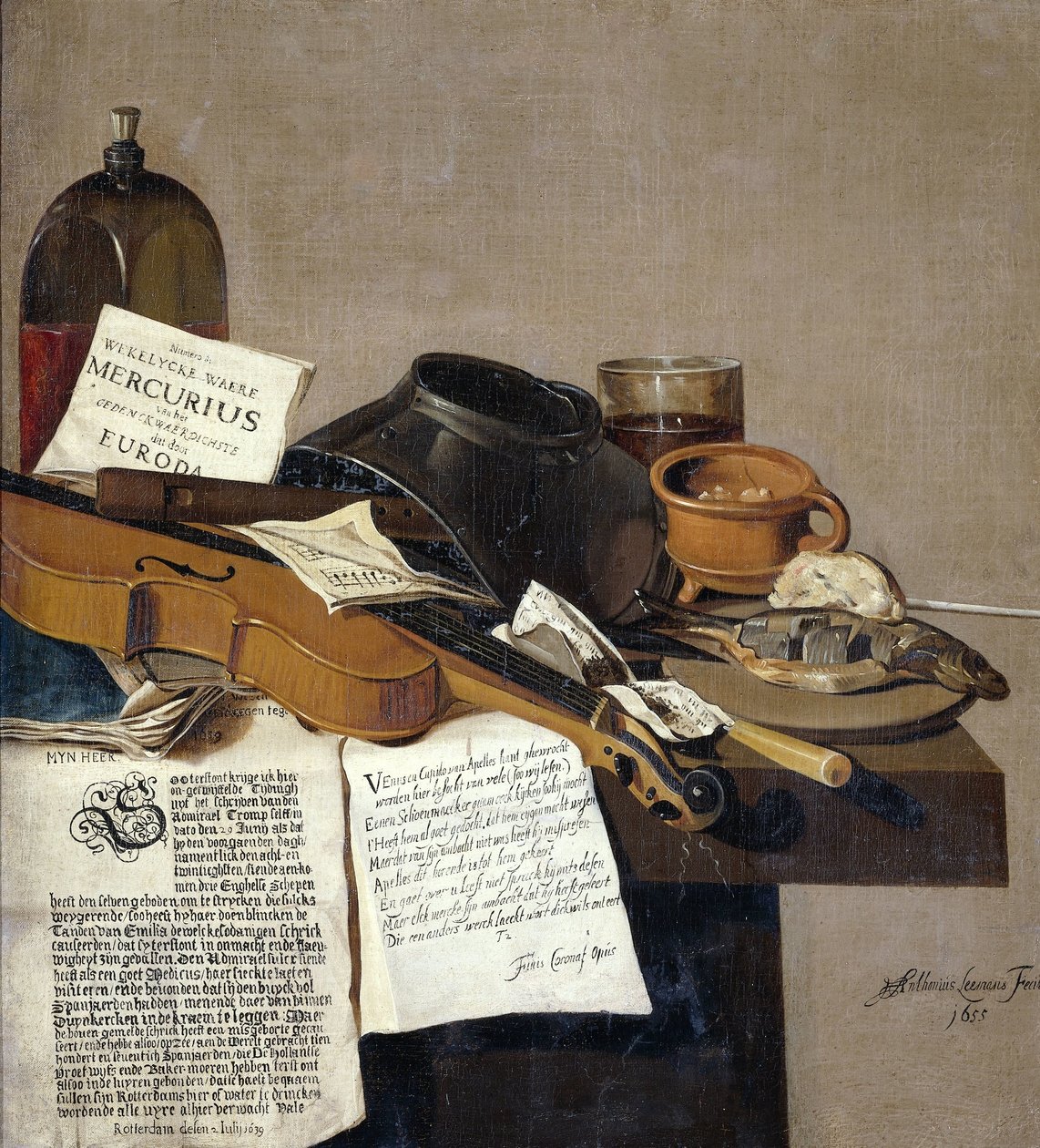 Bodegón con un ejemplar de De Waere Mercurius, un folleto con la noticia de la victoria de Tromp sobre tres barcos ingleses el 28 de junio de 1639, y un poema que cuenta la historia de Apeles y el zapatero de Anthonius Leemans