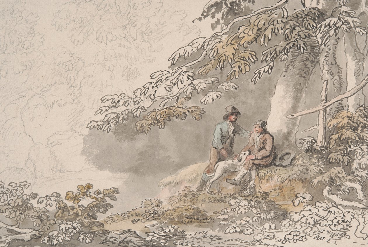 Dos niños y un perro en un bosque de Anthony Devis