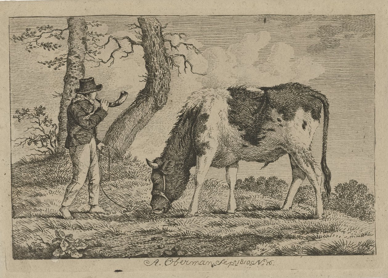 pastor con vaca Estudios de vacas, ovejas y cabras (título de la serie) de Anthony Oberman