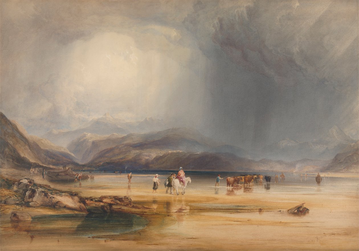 Vista de Snowdon desde las arenas de Traeth Mawr, tomada en el vado entre Pont Aberglaslyn y Tremadoc. de Anthony Vandyke Copley Fielding