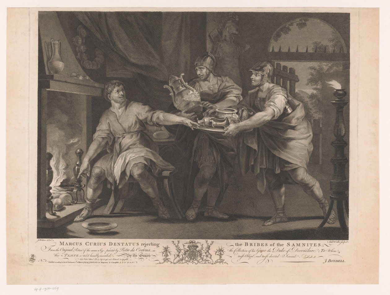 Manius Curius Dentatus rechaza los regalos de los samnitas Marcus Curius Dentatus rechazando los sobornos de los samnitas (título sobre el objeto) Pinturas del siglo XVII de la colección Devonshire (título de la serie) de Anthony Walker
