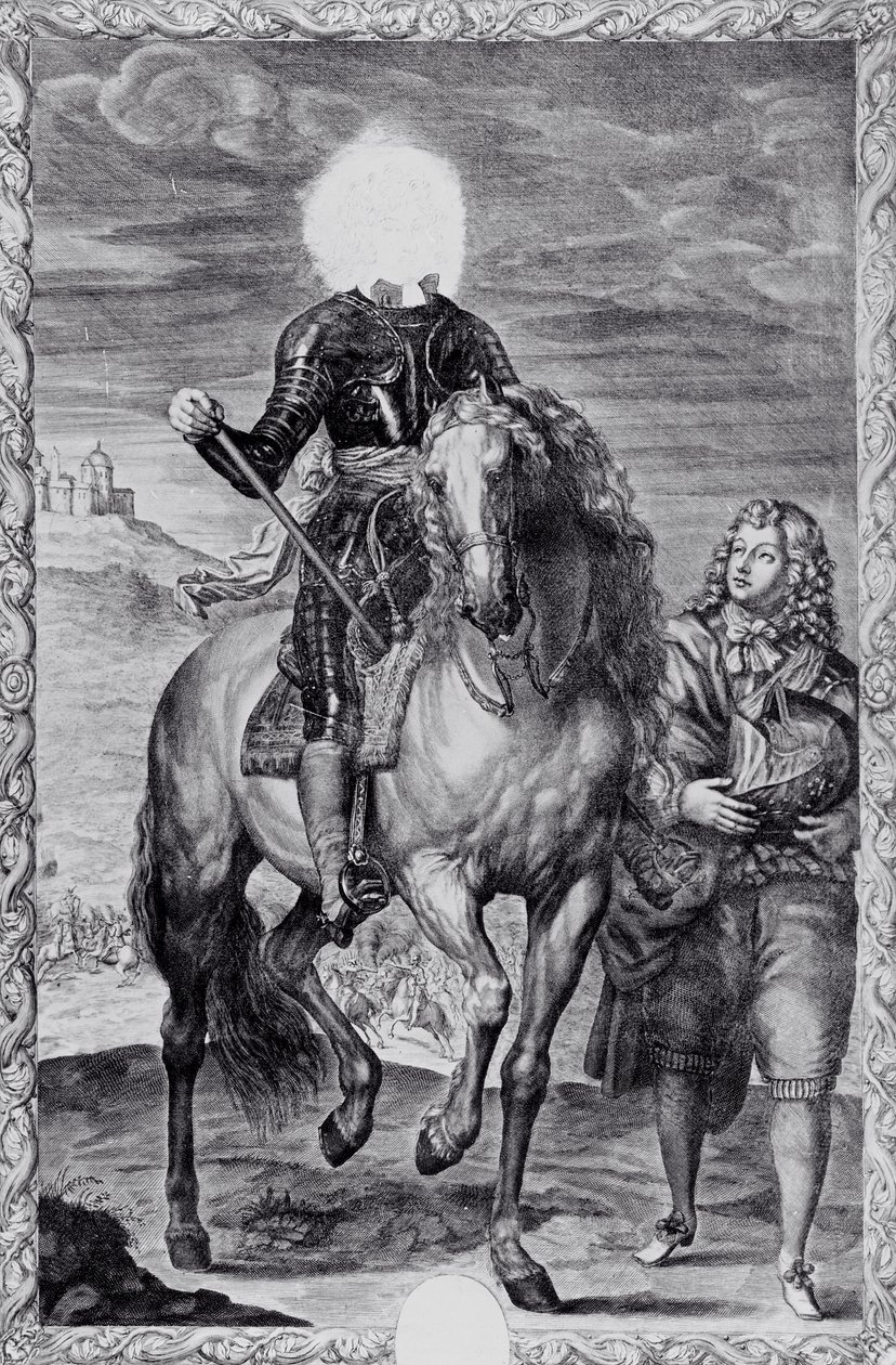 Retrato ecuestre desfigurado de Carlos I, grabado por Pierre Lombart (grabado) (fotografía en blanco y negro) de Anthony van (after) Dyck