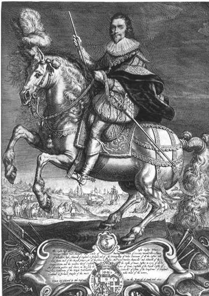 Retrato ecuestre de George Villiers, primer duque de Buckingham, grabado por Willem de Passe 1625 de Anthony van (after) Dyck