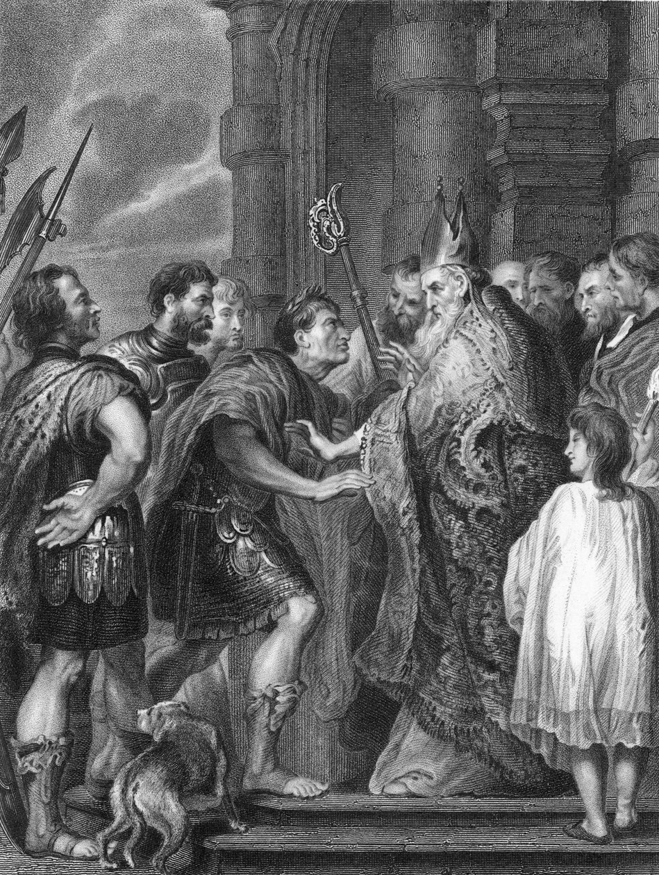 San Ambrosio, negando al emperador Teodosio la entrada en la iglesia (grabado) de Anthony van (after) Dyck
