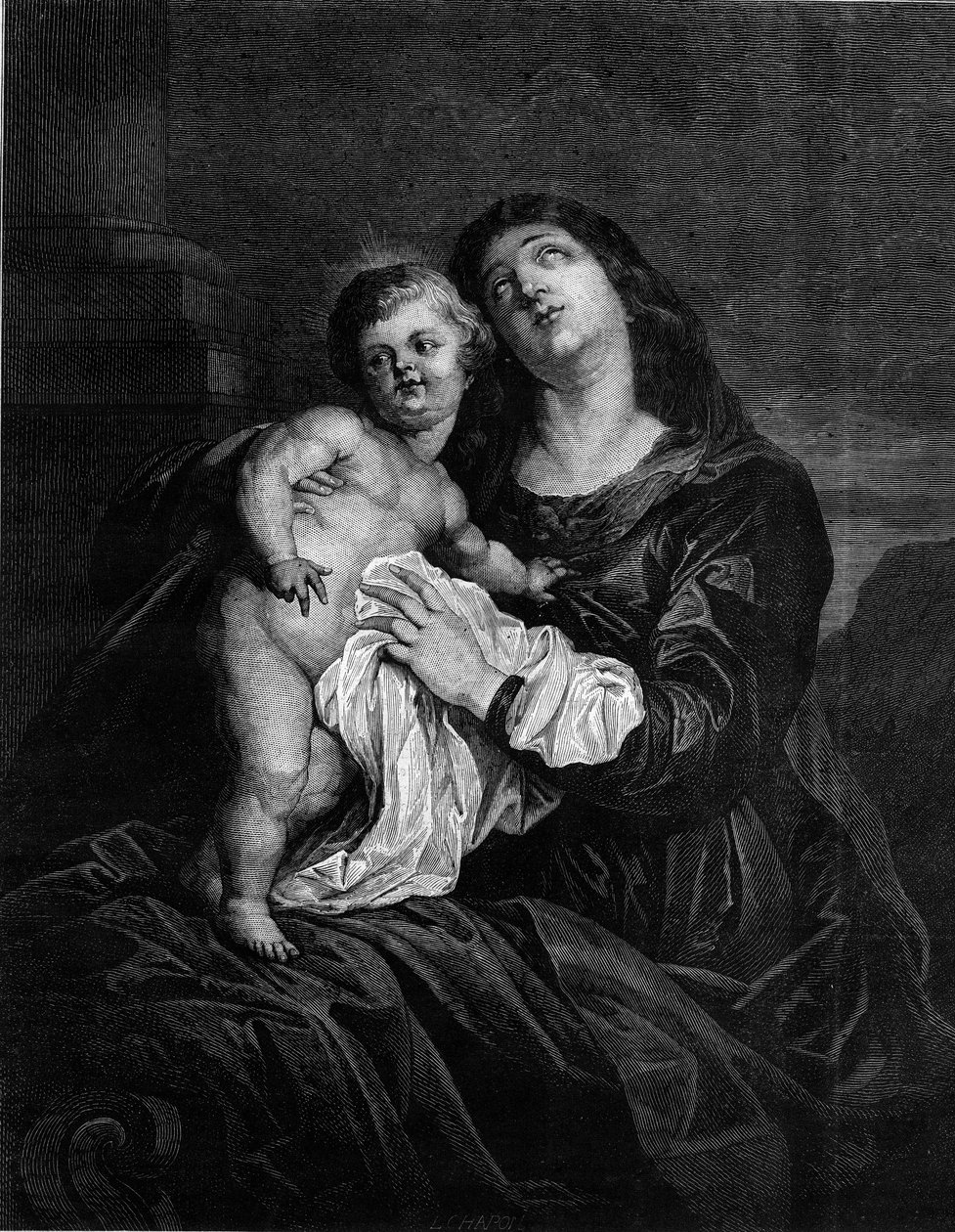La Virgen y el Niño Jesús. Grabado después de una pintura de Anton (Antoon o Anthony) van Dyck (1599-1641). Grabado en “Le Monde Illustré” n°1239 del 25 de diciembre de 1880. de Anthony van (after) Dyck
