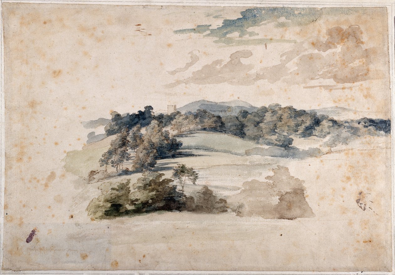 Un paisaje inglés de prados y colinas boscosas (lápiz y acuarela sobre papel) de Anthony van Dyck