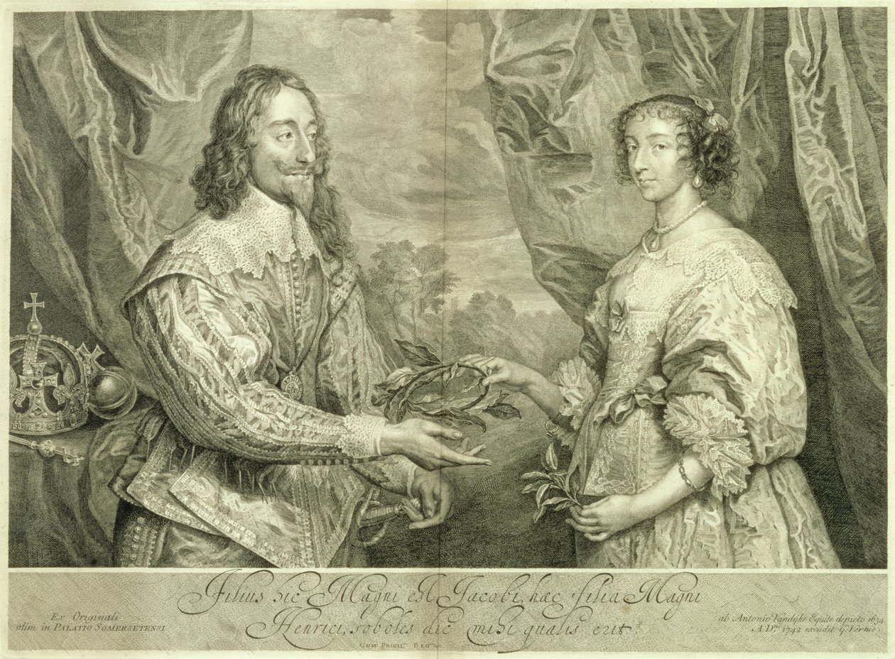 Carlos I (1600-49) y Henrietta Maria (1609-69) grabado por George Vertue (1684-1756) después de una pintura de 1634, 1742 de Anthony van Dyck