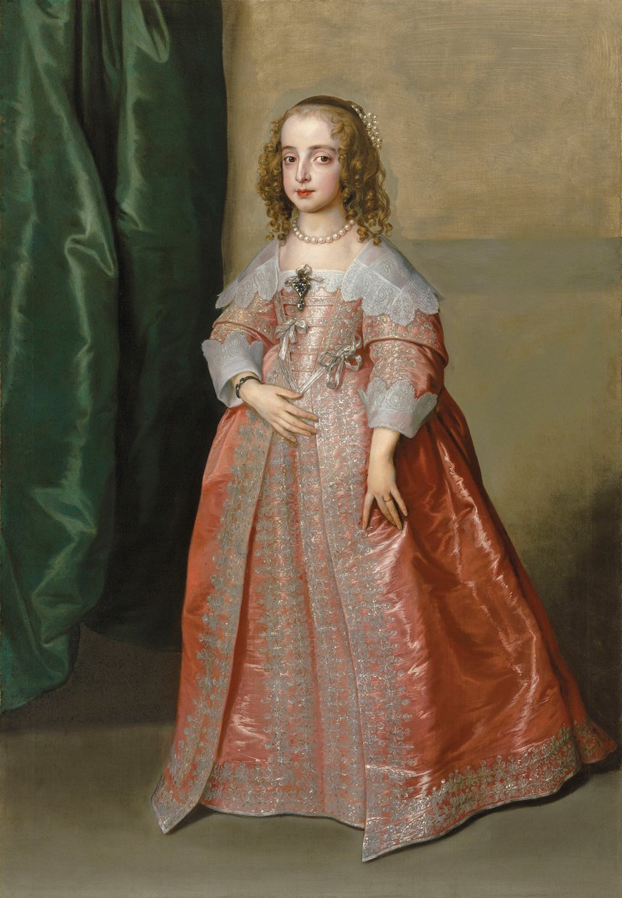 Retrato de la princesa María (1631-1660), hija del rey Carlos I de Inglaterra, de cuerpo entero, con un vestido rosa decorado con bordados y cintas plateadas. de Anthony van Dyck
