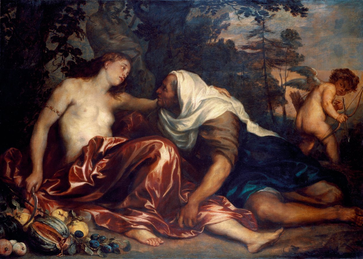 Vertumno y Pomona (Júpiter y Ceres): Vertumno, enamorado de la ninfa Pomona, se disfraza de anciana para acercarse a ella de Anthony van Dyck