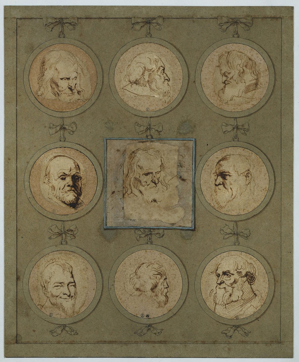 Hoja de colección con nueve cabezas de estudio en medallones de Anthony van Dyck