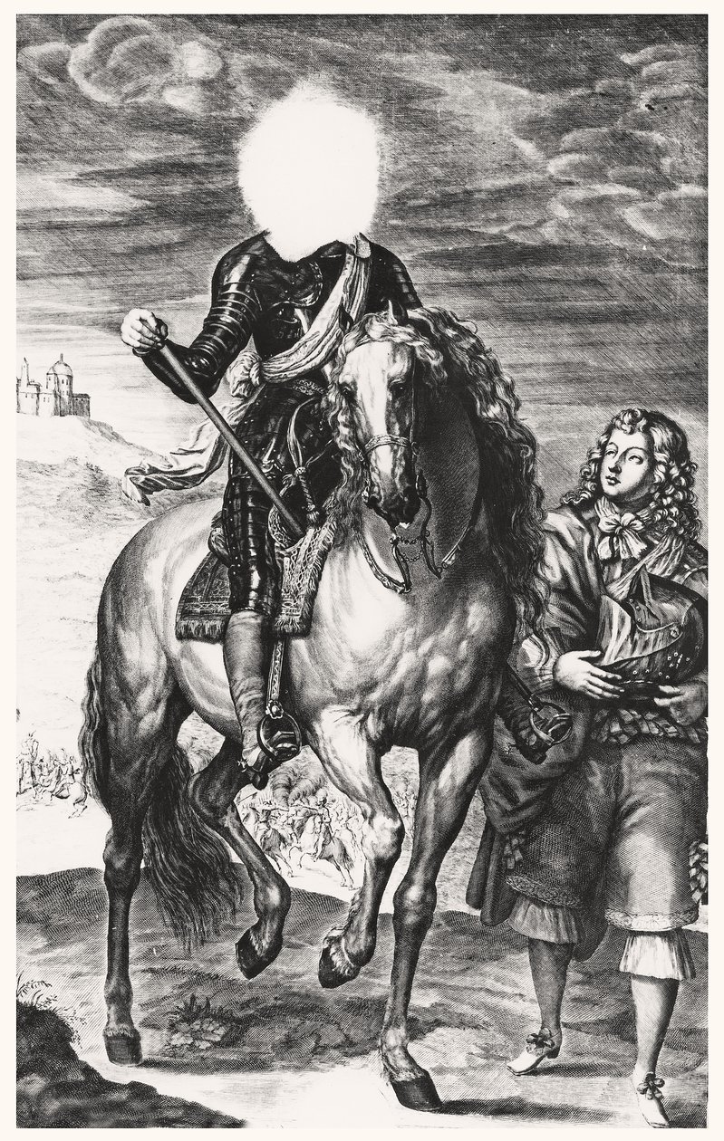 Retrato ecuestre sin cabeza originalmente de Luis de Francia, grabado por Pierre Lombard de Anthony van after Dyck