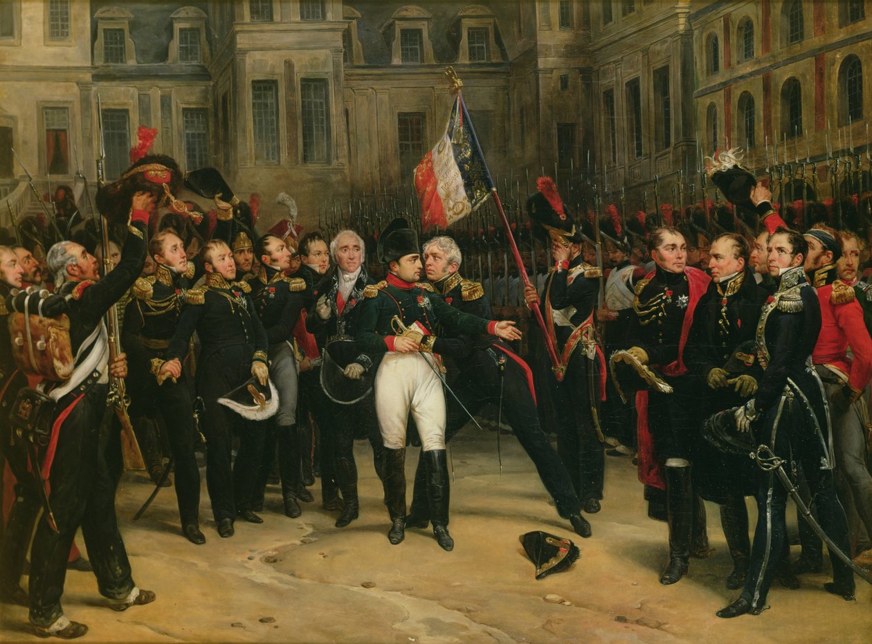 Napoleón I (1769-1821) despidiéndose de la Guardia Imperial en el patio Cheval-Blanc en el Château de Fontainebleau, 20 de abril de 1814, 1825 de Antoine Alphonse Montfort