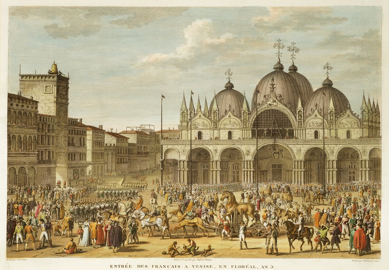 La entrada de los franceses en Venecia y el robo de los caballos de San Marcos, en Floreal, Año 5 (mayo de 1797) grabado por Jean Duplessi-Bertaux (1747-1819) de Antoine Charles Horace Vernet