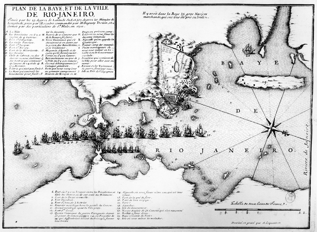 Plano de la Bahía y Ciudad de Río de Janeiro y la disposición de las fuerzas navales francesas y portuguesas durante el ataque francés bajo Duguay-Trouin en 1711, c.1730 de Antoine Coquart